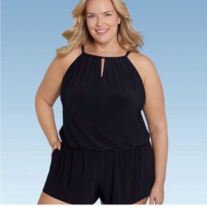 EUC Aqua Green Black Halter One-Piece Swim Romper. Size 24 W